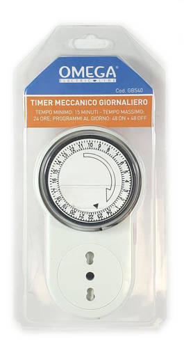 Omega Timer Meccanico Giornaliero, Ip20, Con Protezione Per Bambini E Manopola Switch. Tempo Minimo: 15 Minuti - Tempo Massimo: 24 Ore- Programmi Al Giorno: 48 On + 48 Off- 230V - 50Hz- Spina 16A 2P+T, Presa Bipasso 10/16A 2P+T