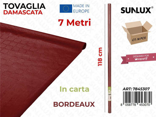 Sunlux Tovaglia Damascata in Carta, 118cm x 7 mt, BORDEAUX 