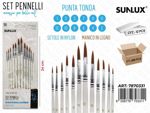 Sunlux - Set12 Pennelli Artistici Mis. 1-3-5-7-9-11-12-10-8-6-4-2 22Cm/Pz Da 12** 7870331