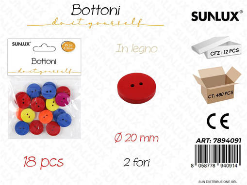 Snlux Bottoni In Legno 1 Confezione 18 Pezzi Colori Assortiti Ø 2,0 Cm 2 Fori