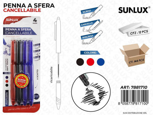 Sunlux - Penna A Sfera Cancellabile 4Pcs Ass. 0.7Mm/Pz Da 12** 7881710