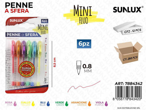 Sunlux - Bl. Penne A Sfera Mini Col. Fluo 6Pcs 0.8Mm /Pz Da 12** 7884342