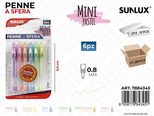 Sunlux - Bl. Penne A Sfera Mini Col. Pastel 6Pcs 0.8Mm /Pz Da 12** 7884345