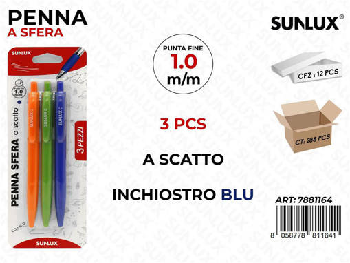 Sunlux - Penna A Scatto Blu Ass. 3 Pcs 1.0Mm /Pz Da 12**Cfz 7881164