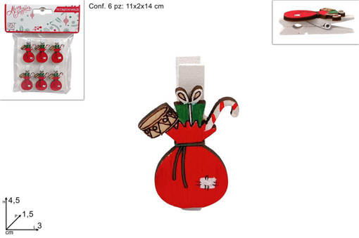 Mollette Sacco Natalizio Legno Set 6Pz