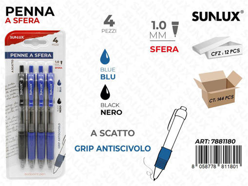 Sunlux - Penna A Scatto Nero-Blu 4Pcs 1.0Mm /Pz Da 12** 7881180