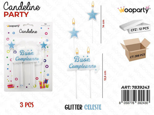 Wooparty Candeline B.Compl. Glitter Celeste 3Pc /Pz Da 12**