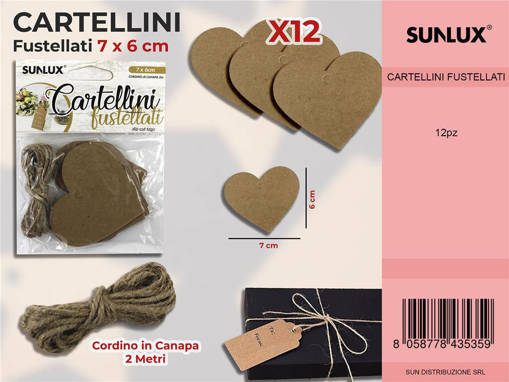 Cartellini Fustellati 12Pcs 7*6Cm C/ Cordino 2Mt /Pz Da 12**
