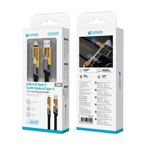 Unico CB2203 4 in 1 fast charging metal shell charging data cable flat cable 3A 1M black CAVO  wire yellow shell