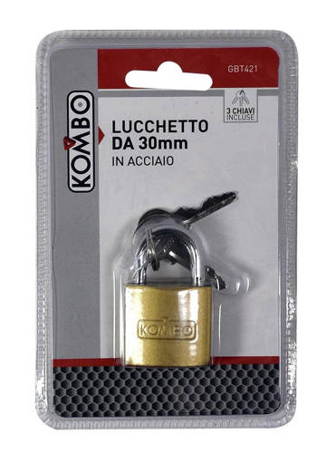 Kombo Lucchetto In Ottone Da 30 Mm., Gancio In Acciaio Inox, 3  Chiavi Incluse Peso 47Gr