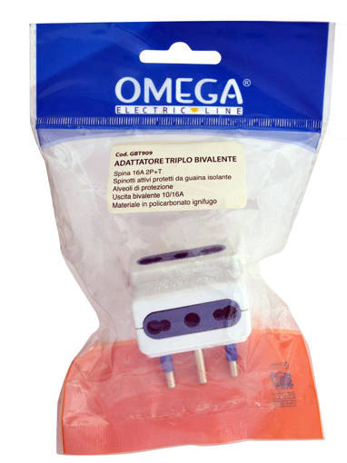 Omega Adattatore Triplo 3 Prese Bipasso P11/17 10/16A 2P+T Con  Spina S17 16A 2P+T
