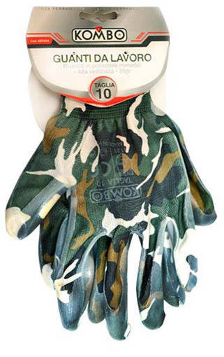 Kombo Guanti Da Giardino Super Resistenti, In Poliestere Rivestiti  In Nitrile Fantasia Mimetica, Tg.10, 38Gr Ce3121 En388  En420