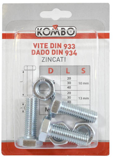 Kombo Set Di 3 Viti M10 X 30 Din933 Classe Di Resistenza 4.8 + 3 Dadi M10 Din934 Zincati Bianchi