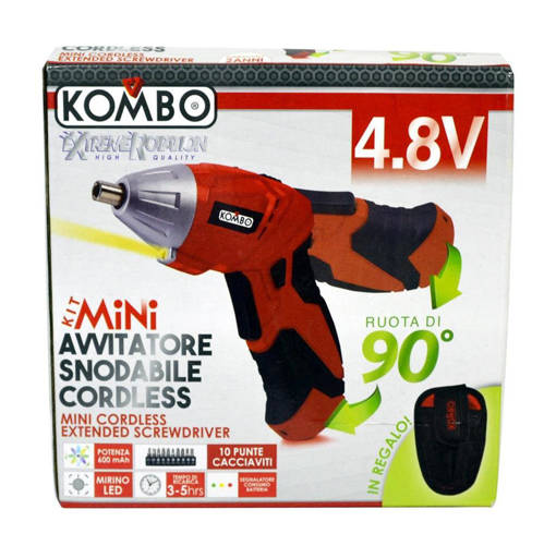 Kombo Mini Avvitatore 4.8V. 200Rpm. 90¦ Rotazione. Manico  Morbido E Snodabile Con Astuccio + Kit 10 Accessori. Caricabatterie Incluso.
