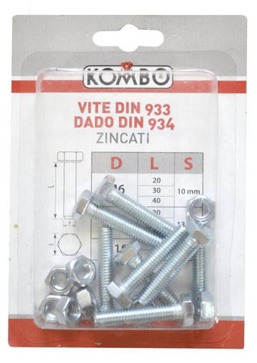 Kombo Set Di 8 Viti M6 X 30 Din933 Classe Di Resistenza 4.8 + 8 Dadi M6 Din934 Zincati Bianchi