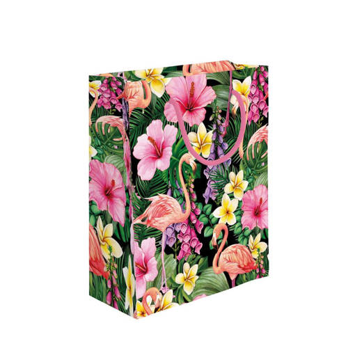 Marpimar - Shopper Fiori Fondo Verde E Fenicottero Medie PLE59