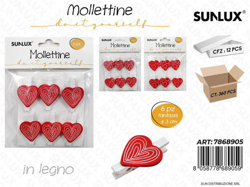 Mollettine In Legno Cuori Ass. 3Cm 6Pcs /Pz Da 12**