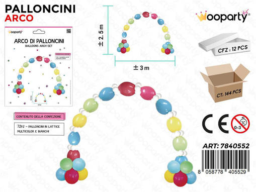 Wooparty Arco Di Palloncini Multicolor 72 Pcs 3*2.5Mt /Pz Da 12**
