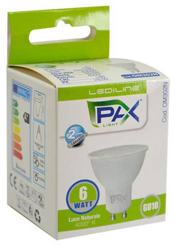 PAX Faretto Led Gu10 6W 540Lm 4000K Gu10 F , 50*55Mm, 25000H, Ic Driver, 120° Beam Angle, 2 Anni Di Garanzia