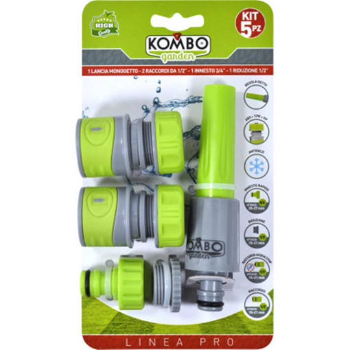 Kombo Set Irrigazione Kombo Garden Pro 5 Pz Composto Da 1 Lancia Moniogetto Regolabile In Abs E Tpr, Controllo Interruttore Da Pollice + Il Suo Innesto Da Tubo + 1 Raccordo Softouch 1/2 Acquastop + 1 Raccordo Softouch 1/2 + 1 Innesto A Rubinetto 1/2-3/4