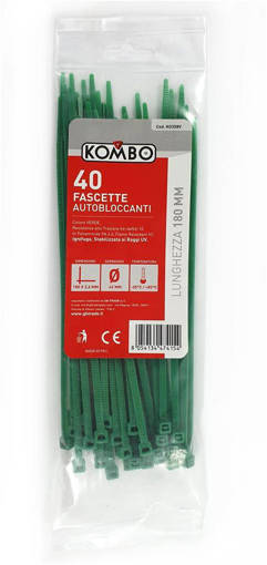 Kombo Set 40 Pezzi Fascette Per Cablaggio, Colore Verdi, Lunghezza 180 Mm, Spessore 3,6 Mm. Diametro Max Di Serraggio 42 Mm, Resistenza Alla Trazione 6<Dan<10. In Poliammide Pa 6.6, Flame Retardant V2, Temperatura Di Utilizzo -35 C° / +85 C°, Ignifuga, Stabilizzata Ai Raggi Uv. Ce