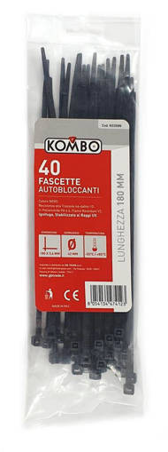 Kombo Set 40 Pezzi Fascette Per Cablaggio, Colore Nero , Lunghezza 180 Mm, Spessore 3,6 Mm. Diametro Max Di Serraggio 42 Mm, Resistenza Alla Trazione 6<Dan<10. In Poliammide Pa 6.6, Flame Retardant V2, Temperatura Di Utilizzo -35 C° / +85 C°, Ignifuga, Stabilizzata Ai Raggi Uv. Ce