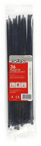 Kombo Set 36 Pezzi Fascette Per Cablaggio, Colore Nero , Lunghezza 280 Mm, Spessore 3,6 Mm. Diametro Max Di Serraggio 70 Mm, Resistenza Alla Trazione 6<Dan<10. In Poliammide Pa 6.6, Flame Retardant V2, Temperatura Di Utilizzo -35 C° / +85 C°, Ignifuga, Stabilizzata Ai Raggi Uv. Ce