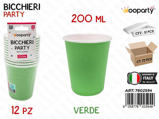 Wooparty Bicchieri Carta Monouso Verde 12Pcs 200Ml