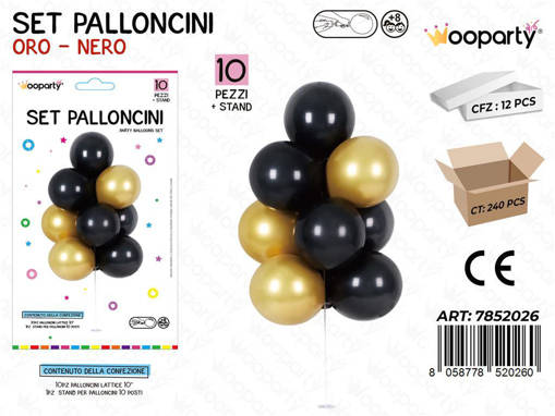 Wooparty  Set Pallon. C/ Stand Oro*Nero 10Pcs /Pz Da 12**