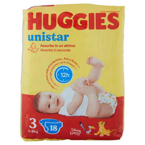 Huggies Unistar Midi Taglia 3 (4-9 Kg), 18 Pannolini