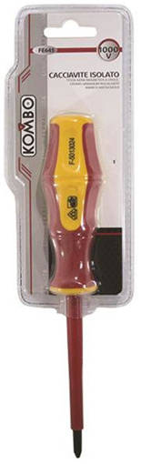 Kombo Cacciavite Isolato  A Croce  Ph2X100 Mm, Impugnatura Ergonomica Antiscivolo Bicolore In Abs , Lama In Acciaio Cromo Vanadio Interamente Brunita E Rivestita, Punta Magnetica. Marcatatura Gs