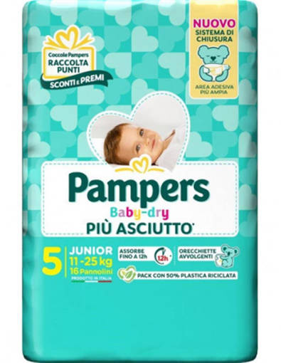 Pampers Baby Dry Dwct Junior Taglia 5 (11-25 Kg), 16 Pannolini