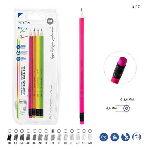 Pryma Matita Grafite C/Gomma Hb 4Pz Fluo Bl. 0148697