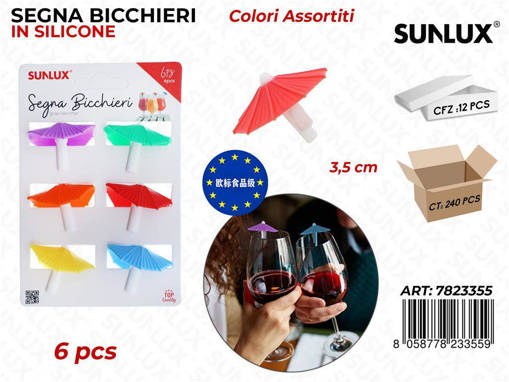 Sunlux Segna Bicchieri In Silicone Col. Ass. 6Pcs 3.5Cm /Pz Da 12**