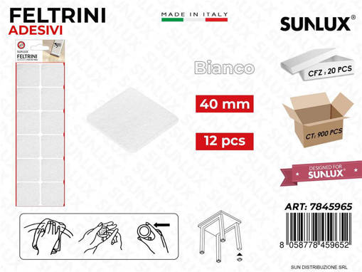 Sunlux FELTRINI ADESIVI QUAD. BIANCO 40MM 12PCS /PZ DA 20**BL