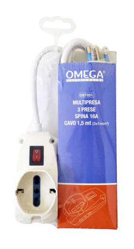 Omega Multipresa Salvaspazio 3 Uscite: 1 Universale P40 Bipasso Schuko 10/16A 2P+T, 2 Prese Bipasso 10/16A 2P+T,  Cavo 1,5Mt H05Vv-F 3Gx1Mm, Spina S17 16A 2P+T, Con Interruttore Luminoso