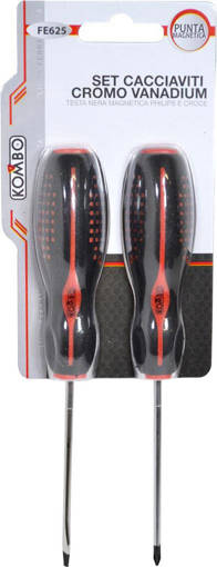 Kombo Set 2 Cacciaviti In Cromo Vanadium Croce Ph0X75 Ed Intaglio Mm.3X75, Impugnatura Ergonomica Antiscivolo Bicolore , Lama In Acciaio Cromo Vanadio Esecuzione Cromata, Con Punta Brunita E Magnetica.