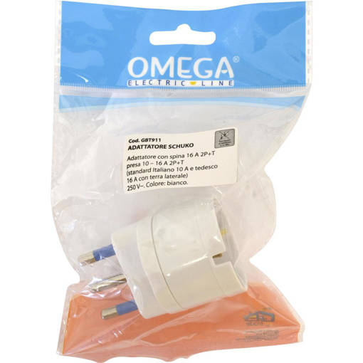 Omega Adattatore Schuko Presa Schuko P30 10A Standard Italiano, 16A Standard Tedesco 2P+T Con Spina S17 16A  2P + T