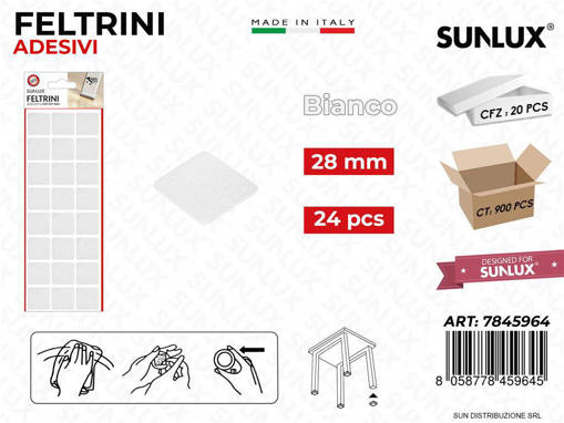 Sunlux FELTRINI ADESIVI QUAD. BIANCO 28MM 24 PCS /PZ DA 20**BL