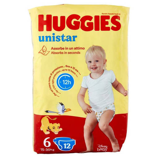 Huggies Unistar XL Taglia 6 (15-30 Kg), 12 Pannolini