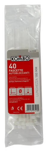 Kombo Set 40 Pezzi Fascette Per Cablaggio, Colore Bianco, Lunghezza 180 Mm, Spessore 3,6 Mm. Diametro Max Di Serraggio 42 Mm, Resistenza Alla Trazione 6<Dan<10. In Poliammide Pa 6.6, Flame Retardant V2, Temperatura Di Utilizzo -35 C° / +85 C°, Ignifuga, Stabilizzata Ai Raggi Uv. Ce