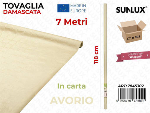 Sunlux Tovaglia Damascata in Carta, 118cm x 7 mt, Avorio