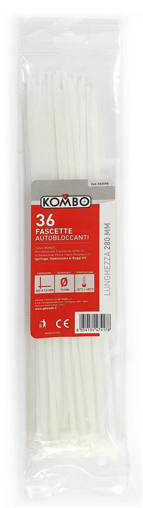 Kombo Set 36 Pezzi Fascette Per Cablaggio, Colore Bianco, Lunghezza 280 Mm, Spessore 3,6 Mm. Diametro Max Di Serraggio 70 Mm, Resistenza Alla Trazione 6<Dan<10. In Poliammide Pa 6.6, Flame Retardant V2, Temperatura Di Utilizzo -35 C° / +85 C°, Ignifuga, Stabilizzata Ai Raggi Uv. Ce