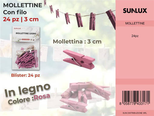 Mollettine Con Filo In Legno Rosa 24Pc-3Cm /Pz Da 24**