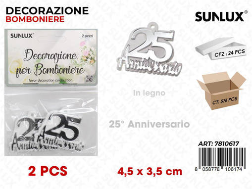 Sunlux Dec. Bomb. 25Anniv. Legno 2Pcs 4.5*3.5Cm /Pz Da 24**