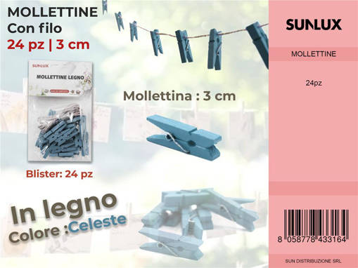 Mollettine Con Filo In Legno Celeste 24Pc-3Cm /Pz Da 24**