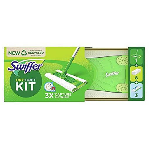 Swiffer Dry&Wet Kit, 1 Scopa + 8 Panni Asciutti + 3 Panni Umidi, Lavapavimenti Cattura Polvere