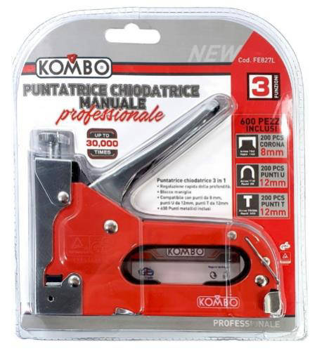 Kombo Puntatrice Chiodatrice Manuale 3 In 1 Professionale Regolazione Rapida Della Profondità  Di Inserimento Senza L'Uso Di Utensili - Blocco Maniglia - All'Interno Della Confezione 200 Punti 8Mm, 200 Punti A U Da 12Mm E 200 Chiodi Da 10Mm