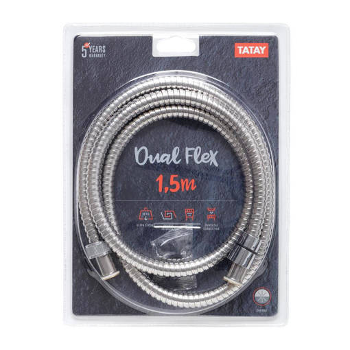 Tatay Flessibile Doccia Metallo Doppia Aggraffatura 1.5 Mt Dual Flex Ultra-Resistente Attacco Universale 1/2"