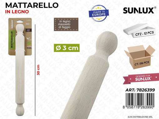 Sunlux Mattarello In Legno Di Faggio D.3*30Cm /Pz Da 12**